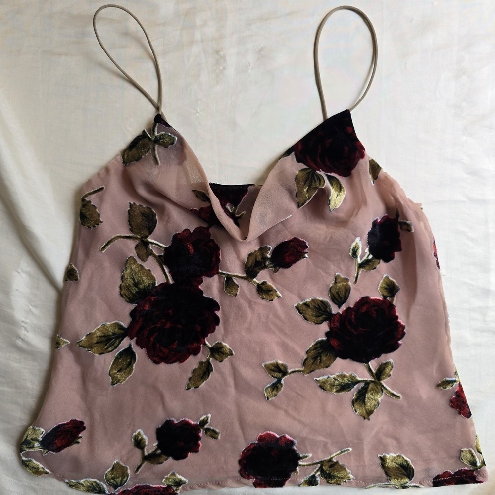 Pink Floral Velvet Rose Tank Y2K Size 6 Bloomcore Romantic Burnout Cowl Fairy